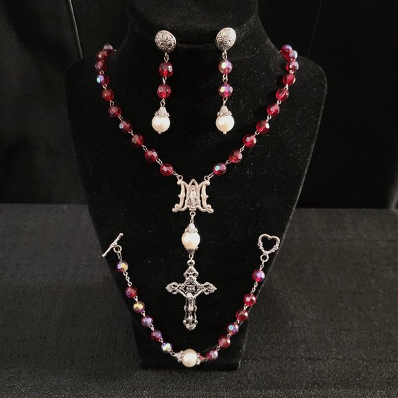 3-Piece Silver Tone Rosary Jewelry Set with Red Aurora Borealis Glass Beads - Picture 1 of 5